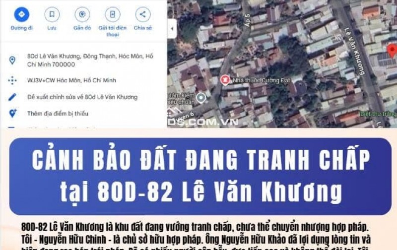 CẢNH BÁO KHÔNG MUA BÁN ĐẤT TRANH CHẤP THỬA 397 80d 82 Lê Văn Khương,Đông Thạnh,Hóc Môn, TP HCM
